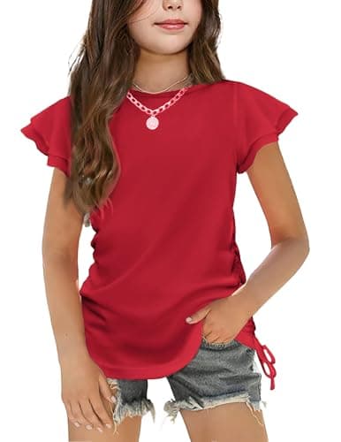 Image of Arshiner T-Shirt Girls Red Short Sleeve Shirt Ruffle Sleeve Top Children Summer Round Neck Top with Drawstring 10-11 Years