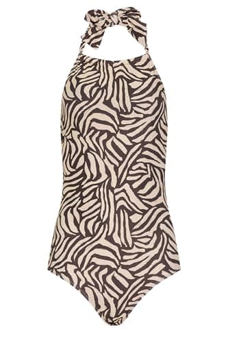 Image of Long Tall Sally - LTS Tall Brown Zebra Halterneck Swimsuit - Women's