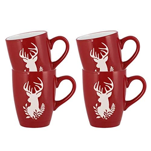 Image of Dibor Stoneware 4pc Coffee Mug Set, Red Stag Print, 11oz/310ml