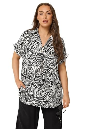 Image of Yours Curve Zebra Button Half Placket Blouse - Women's - Plus Size Curve Black