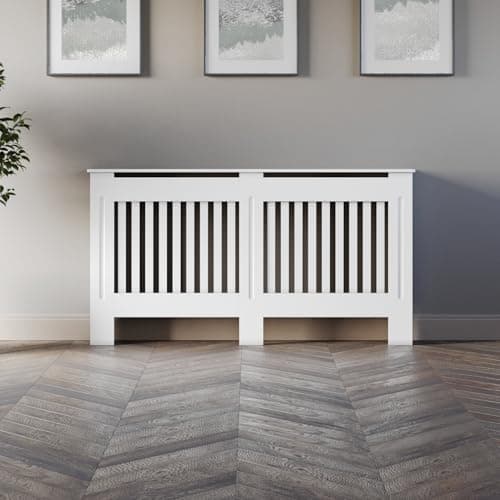 Image of DuraTherm® Radiator Cover White Painted Modern Vertical Slat Shelves MDF Cabinet Shelf for Radiators, Living Rooms, Bedrooms, Large (W: 152cm / H: 81.5cm / D: 19cm)