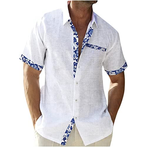 Image of Men's Linen Shirts Short Sleeve Casual Shirts Button Down Shirt for Men Beach Summer Wedding Shirt Casual Hawaiian Tees Tops Trendy Vacation Outfits with Pocket