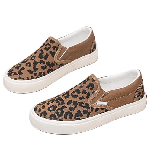 Image of Womens Slip On Sneakers, Fashion Leopard Print Flats Lightweight Boat Shoes Breathable Canvas Flats Shoes Walking Loafers (6,Leopard Brown)