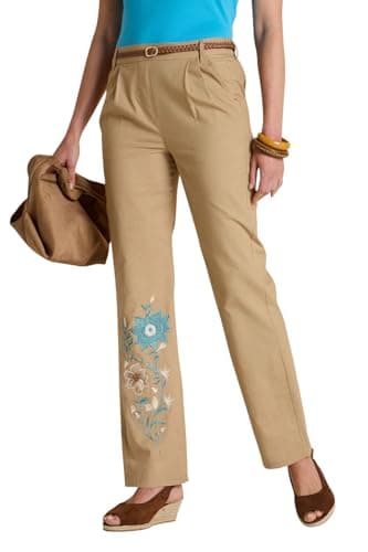 Image of Amber Ladies Pull‑On Embroidered Leg Trousers, Lightweight Cotton Straight‑Leg Pants with Elasticated Back Waist, Pleat Front & Pockets Sand 16 Extra Short