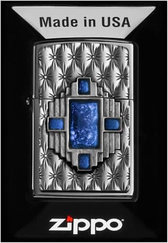 Image of Zippo Windproof Lighter, Blue Diamond Design – High Polished Chrome, Emblem – Refillable, Reusable, Windproof Design – Comes in Gift Box – Made in USA