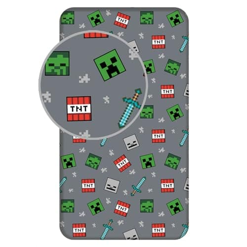 Image of Minecraft Fitted Bed Sheet for Kids – 100% Cotton | Single Size 90x200 + 25 cm | Soft & Breathable Cotton Kids Bed Sheet with Elastic Corners | Minecraft Gamer Bedding for Boys & Girls