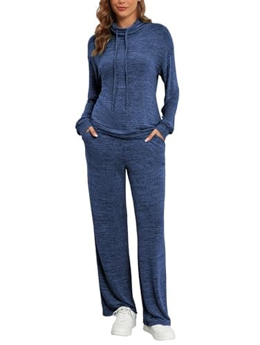 Image of Famulily Tracksuit Womens Full Set Loose Casual Sweatshirt and Warm Joggers 2 Pcs Outfit Suits with Pocket Navy Blue L