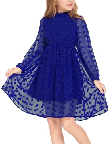 Image of Arshiner Girls' 5-13 Years Chiffon Long-Sleeved Dress - Casual & Party A-line Round Neck Royal Blue 120