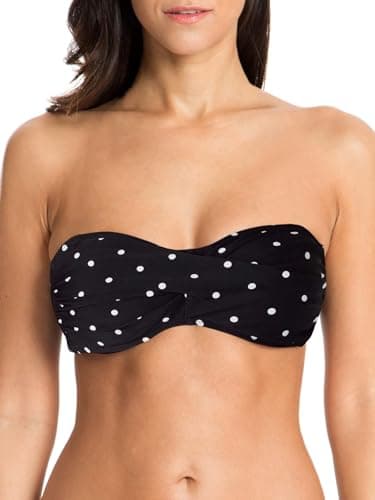 Image of Ocean Blues Women's Black & White Dot Strapless Swimsuits for Women Bandeau Bikini Top Tie Back Halter Bathing Suit Top Suit Top Size Medium