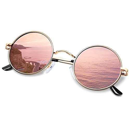 Image of KANASTAL Pink Round Sunglasses Womens Mirrored Polarised Large Circular Hippie Vintage Retro Circle Sun Glasses Metal Round Rimmed - Gold Frame Pink Lens