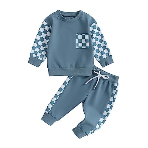 Image of XIXIMAON Baby Boy Spring Autumn Outfits Long Sleeve Crew Neck Sweatshirt Tops Elastic Joggers 2 Piece Toddler Tracksuit Newborn Checkerboard Clothes (Blue, 2-3 Years)
