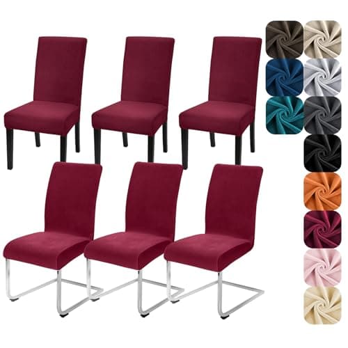 Image of Alishomtll Dining Chair Covers Set of 6 Stretch Velvet Chair Covers for Dining Chairs Elastic Removable Chair Slipcovers Reusable Washable Chair Protector for Hotel Banquet Ceremony (Wine Red, 6pcs)