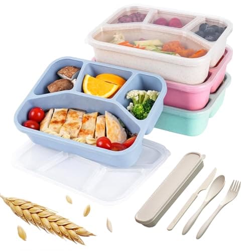 Image of NAJIESUN Snack Box, 4-Pack Lunch Box with Spoon Fork, 5 Compartments, BPA Free, Reusable Lunch Box, Designed for Portion Control, School and Eating Out. Compact, Stackable, Four Colors