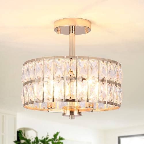 Image of Gold Brass Ceiling Light, 3-Light Crystal Ceiling Lights Living Room, E14 Modern Crystal Chandelier, Semi Flush Mount Chandeliers Ceiling Light for Hallway, Bedroom, Lounge, Kitchen, Dining Room