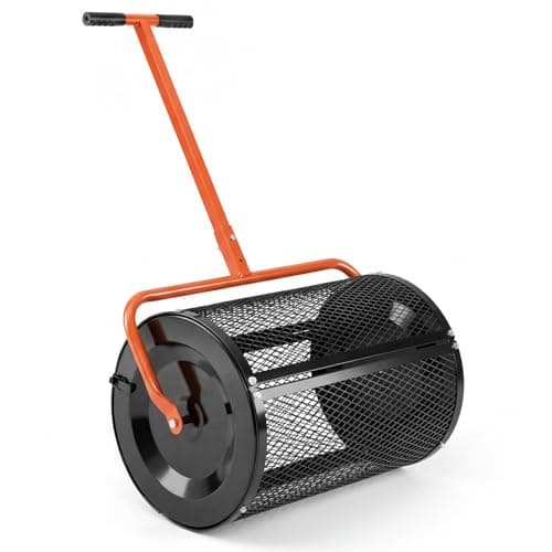 Image of COSTWAY 27” Compost Spreader, 76L Peat Moss Spreader Roller with Handle & Side Latches, Metal Mesh Basket Push Fertilizer Spreader for Lawn and Garden (Orange+Black, Height Adjustable T-shaped Handle)