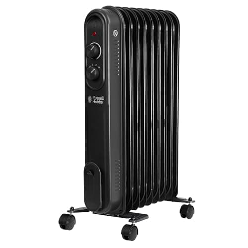 Image of Russell Hobbs 2000W/2KW Oil Filled Radiator, 9 Fin Portable Electric Heater - Black, Adjustable Thermostat with 3 Heat Settings, Overheat Protection, 20m sq Room Size, 2 Year Guarantee RHOFR9004B