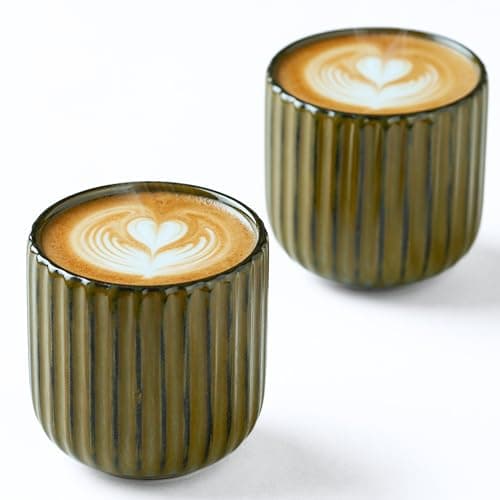 Image of Erkundpresso. Espresso Cup Set 2x180ml, Thick-Walled Handleless Ceramic Cups, Heat-Retaining Scald-Proof, BPA-Free Kiln-Glazed for Espresso/Cappuccino, Unique Vintage Design - Lake Green