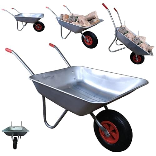 Image of Samuel ALEXANDER 65 Litre 60kg Capacity Galvanised Metal Garden Trolley Wheelbarrow - Heavy Duty Garden Cart Wheelbarrows with Pneumatic Tyre
