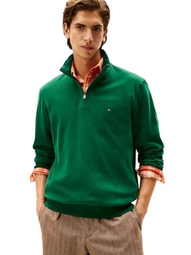Image of Tommy Hilfiger Men's Medium Weight Ribbed 1/4 Zip Sweatshirt, Ornamental Green, M