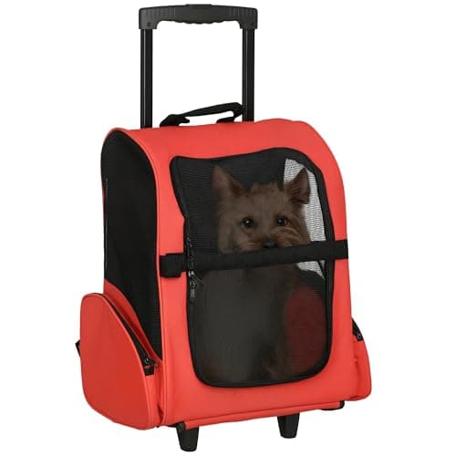 Image of PawHut Pet Travel Backpack Bag Cat Puppy Dog Carrier w/ Trolley and Telescopic Handle Portable Stroller Wheel Luggage Bag (Red)