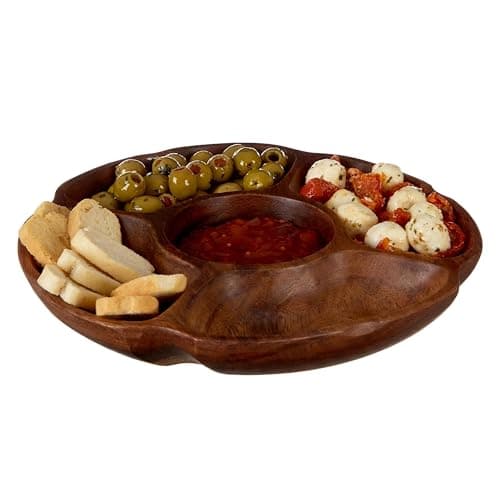 Image of Premier Housewares Elegant Acacia Five Section Round Serving Dish | Natural Dip Holder Wooden Appetizer Platter | Rustic Centerpiece for Entertaining and Gatherings