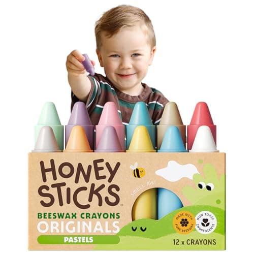 Image of Honeysticks 100% Pure Beeswax Crayons (12 Pack) - Pastel Coloured, Non Toxic Crayons, Safe for Babies and Toddlers, For 1 Year Plus, Made with Natural Beeswax and Food-Grade Colours, Eco-Friendly