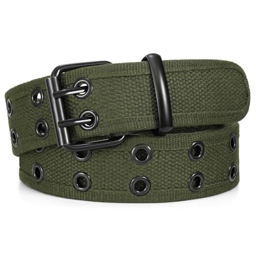 Image of JASGOOD Canvas Double Grommet Belt Unisex Casual Double Prong Belt for Men Women for Jeans Pants, Army Green, M