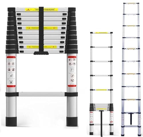 Image of 3.2M Telescoping Ladder 10.5FT Metal Lightweight Folding Loft Extension Ladder with Locking Mechanism and Non-Slip Feet Multi-Purpose Collapsible Ladder 330lb Capacity
