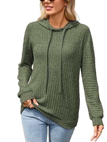Image of Famulily Lightweight Hoodies for Women Rib Knitted Long Sleeve Hooded Sweatshirt Tops With Drawstring (M, Olive Green)