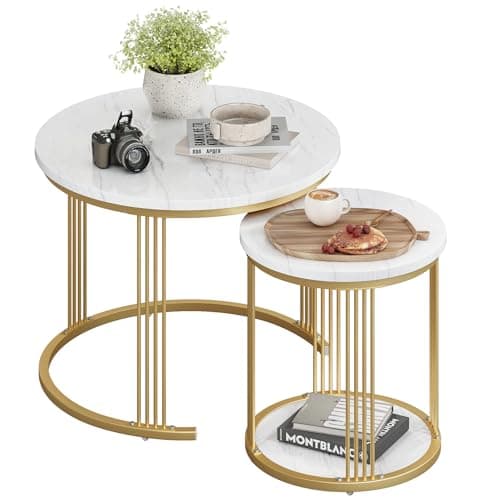 Image of Dripex Nest of Tables, Set of 2 Round Coffee Tables - Removable & Stackable with White Marble Pattern Top & Gold Frame, Modern End Tables for Living Room, Bedroom and Office, Diameter 60/40 cm