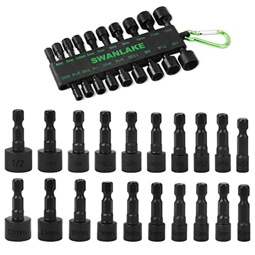 Image of SWANLAKE 20Pcs Power Nut Driver Set for Impact Drill, 4-12mm Hex Shank Quick-Change Nut Driver Socket Bit Set Metric & SAE