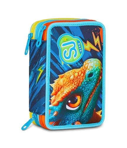 Image of SJ GANG STYLE JAM GANG Dragon Glide 3 Zip School Pencil Case, Blue, Triple Compartment Pen Holder Complete With Pens, Pencils, Colours, Accessories Backpack, Elementary School, Children