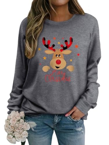 Image of WIEIYM Christmas Sweatshirt Women Reindeer Graphic Print Jumper Long Sleeve Shirt Unisex Pullover Causal Crewneck Sweat Tops for Women/Men S-XXL Grey