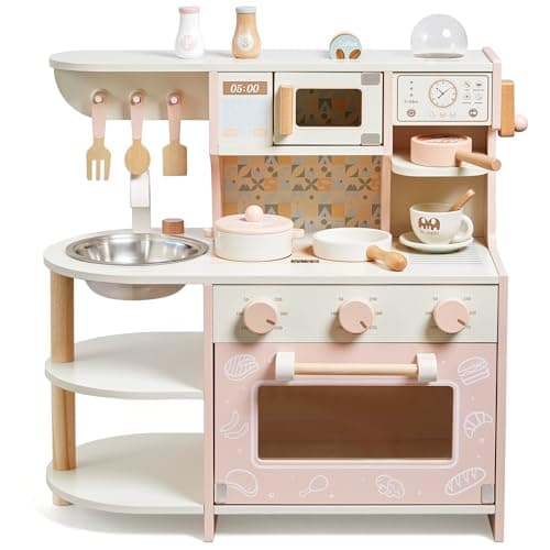 Image of Toddler Play Kitchen, Wooden Toys Kids Kitchen Playset with Coffee Maker Play Food Kitchen Accessories Cooking Set,Gift for Girls and Boys Age 3 4 5 6