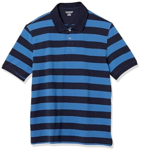 Image of Amazon Essentials Men's Regular-Fit Short-Sleeve Cotton Piqué Polo Shirt (Available in Big and Tall), Black Blue Stripes, XL