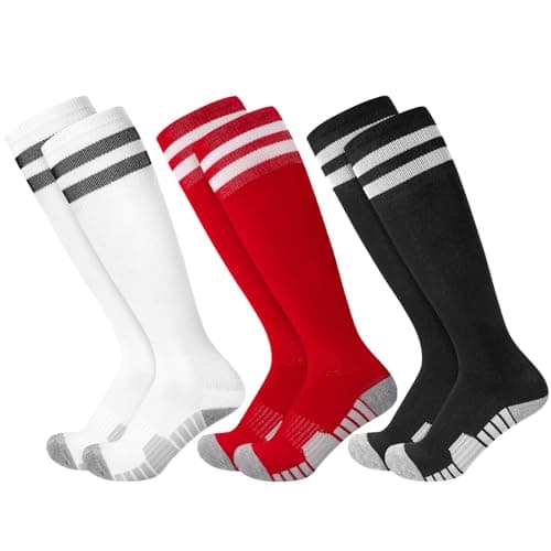 Image of Zuimei 3 Pairs Kids Football Socks,Anti Slip Football Socks for Kids Boys Girls Long Athletic Soccer Sock Breathable Sports Training Running Hockey Rugby Sock for Aged 5-12,Black White Red