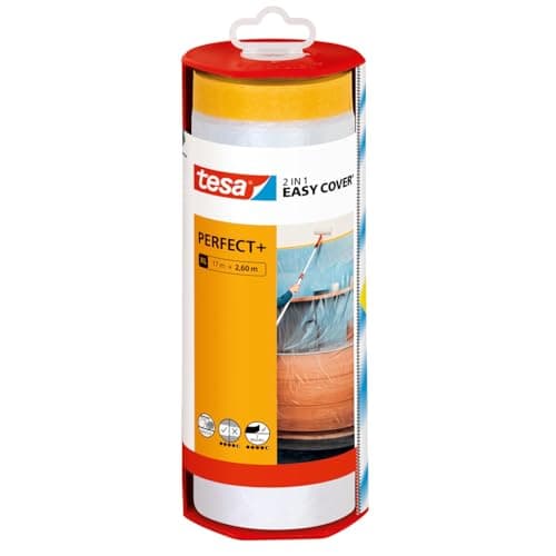 Image of tesa Easy Cover Perfect+ Dispenser XL - 2in1 masking film with Washi tape and dispenser - for clean, precise cuts - with blade cover - 17 m x 2.60 m