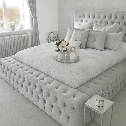 Image of Attock Beds Chesterfield Plush Velvet Upholstered Regal Ambassador Bed Frame and Headboard - Hand Made in the UK - Double/Kingsize/Superking (Ice Silver Plush, Double 4ft6 Bed Frame)