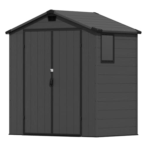 Image of Devoko 6x4ft Outdoor Plastic Garden Storage Shed with Lockable Double Doors & Apex Roof - Patio Backyard Tool Shed, Bike Shelter, Garbage Bin Store - Weather and Fade Resistant - Dark Gray