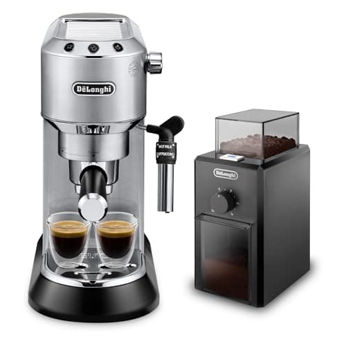 Image of De'Longhi Dedica Pump Manual Espresso Maker with Free Electric Coffee Grinder | Cappuccino, Latte, Milk Frother | Stainless Steel Grinding Blade with 12 Settings | EC685.M+