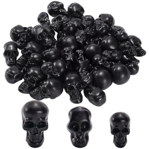 Image of GORGECRAFT 50PCS 3 Sizes Black Skull Mini Plastic Skull Figurine Heads Decor Halloween Skeleton Head Halloween Micro Landscape Prank Props Haunted Accessories for Crafts Table Bar Decor