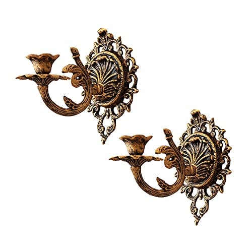 Image of Copper Wall Mounted Candle Holders Set of 2 - Shabby Chic Cast Iron Sconces for Home Decor Living Room Fireplace Yard Pathway - Elegant Wall Art Candle Holders