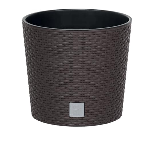 Image of B2C Round Planter Plant Flower Pot Outdoor Garden Weatherproof with Insert Rattan Look Plastic Indoor Outdoor Patio Home Decor (Brown, 20cm - 4 Litres)
