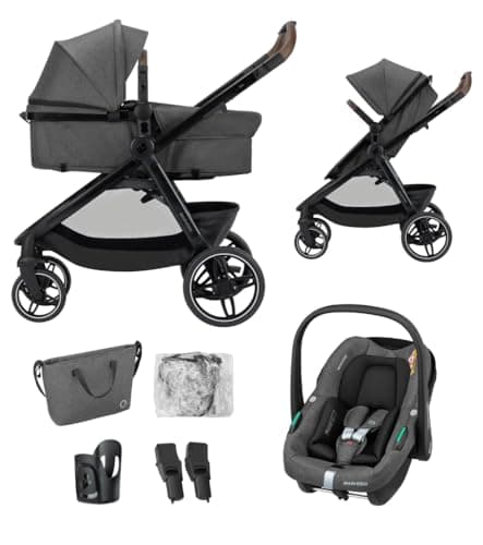 Image of Maxi-COSI Zelia S Trio² Stroller 3 in 1 Set, 0-4 Years, Up to 22 kg, One-Hand Fold, Compact and Reversible Pushchair, Includes CabrioFix S i-Size Car Seat, Accessories, Diaper Bag, Dark Grey