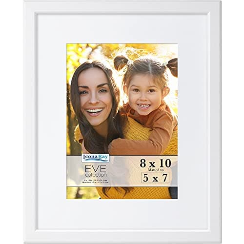 Image of Icona Bay 10x8 White Picture Frame w/Removable Mat to 7x5, Modern Double-Bevelled Frame, Tabletop or Wall Mount, Eve Collection
