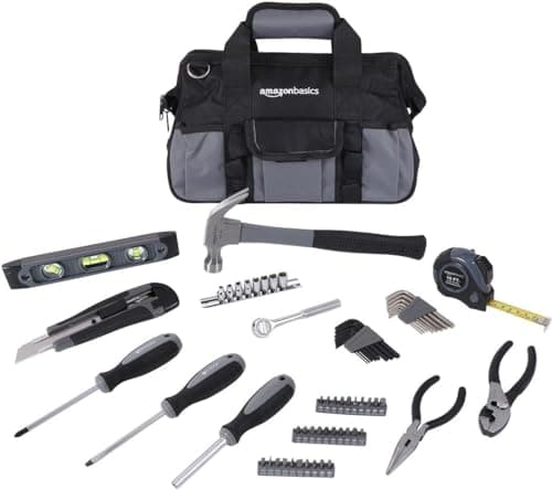 Image of Amazon Basics 65 Piece Home Basic Repair Tool Kit Set With Bag, Silver, Black