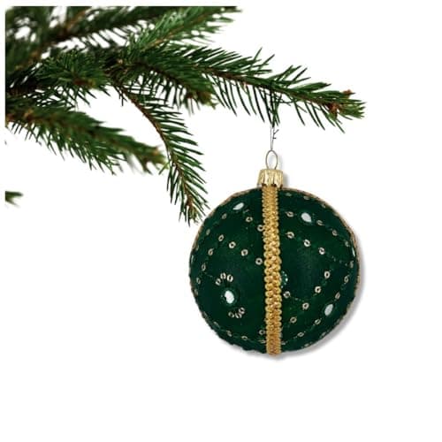 Image of Akansh Bauble – 8 cm | Deep Green Handmade Bauble with Mirror & Sequin Embroidery | Luxury Fabric Ornament with Gold Trim | Sustainable Year-Round Décor | UK Artisan Crafted Gift