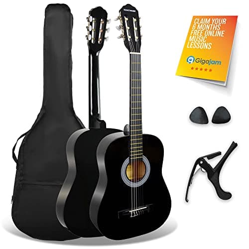 Image of 3rd Avenue XF 3/4 Size Junior Kids Classical Spanish Starter Beginner Pack Acoustic Guitar with Nylon Strings, Gig Bag, Capo and Picks – Black