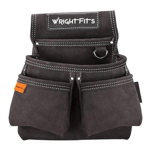 Image of Heavy Duty Leather Tool Pouch Brown – 4 Pocket Tool Organiser & Tool Belt Pouch with Hammer Loop, Nail & Small Parts Holder, Metal D-Ring Electrician Work Pouch (Brown(Minor Stains)