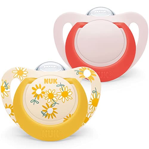 Image of NUK Star Baby Dummy | 6-18 Months | Soothes 99% of Babies | BPA-Free Silicone Soothers | Yellow Flowers | 2 Count